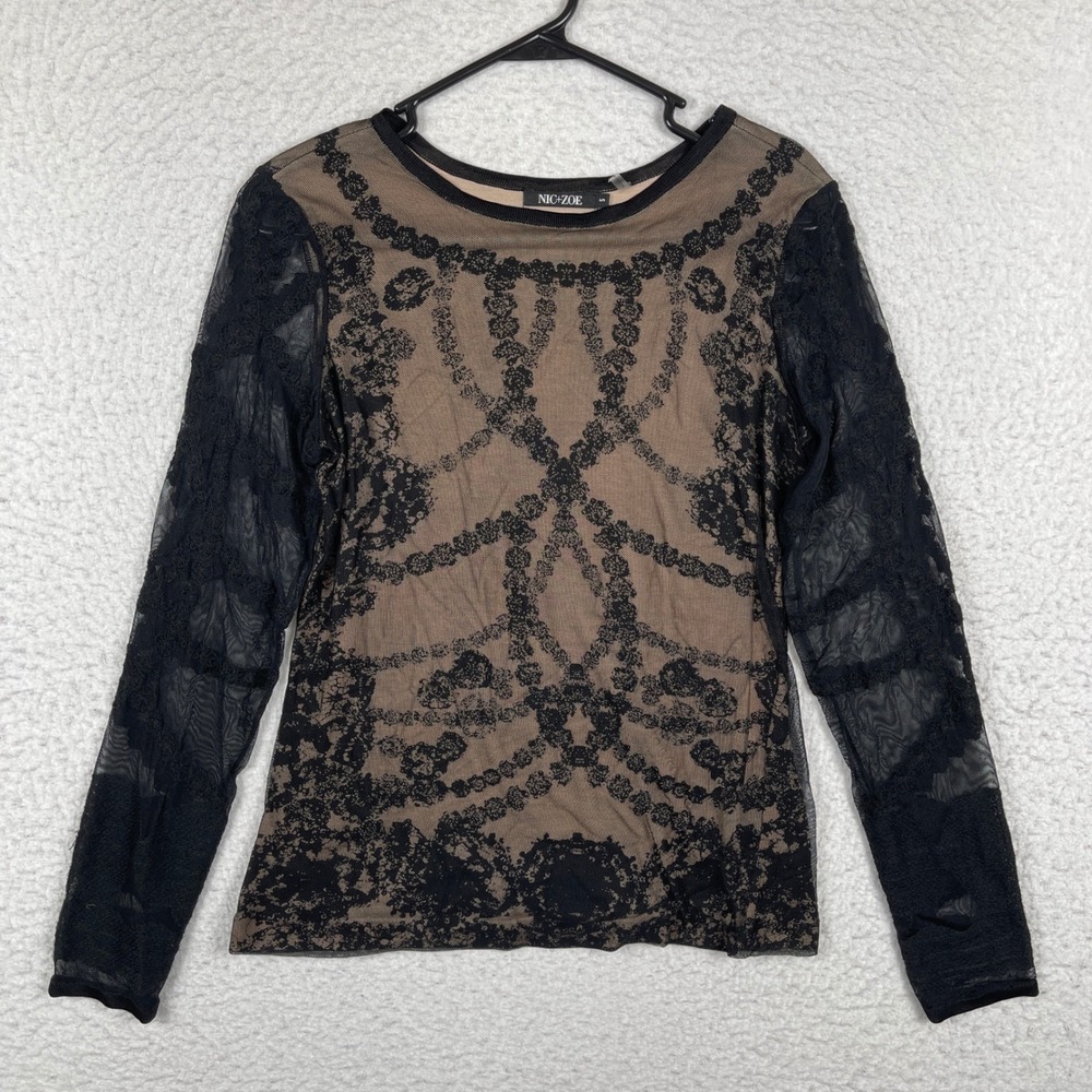 NIC+ZOE Shirt Womens Small Black Lace Overlay Sheer Mesh Whimsigoth‎ Romance
